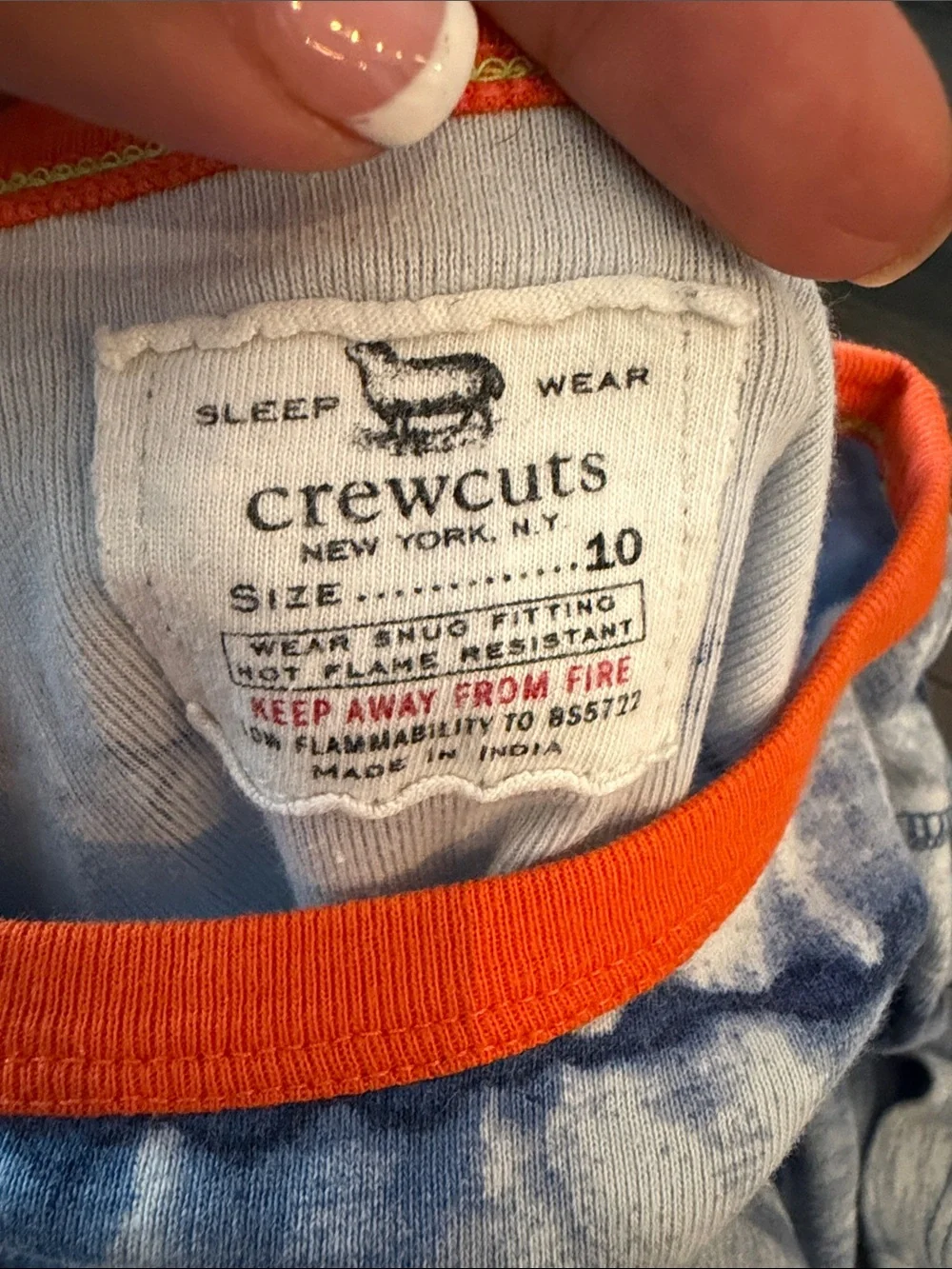 Boys Pajamas Crewcuts Light Blue Knit Top Navy Stitching, Orange collar Soft 10